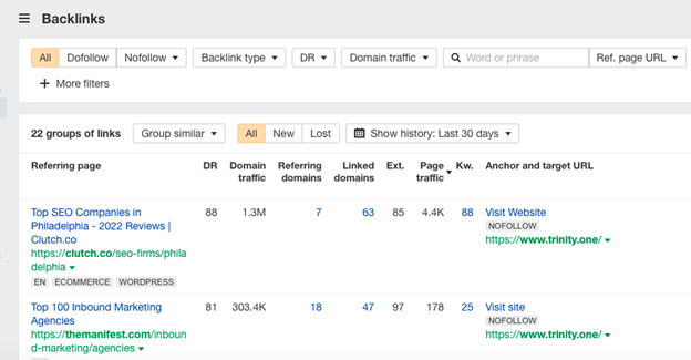 Reviewing links within AHREFS