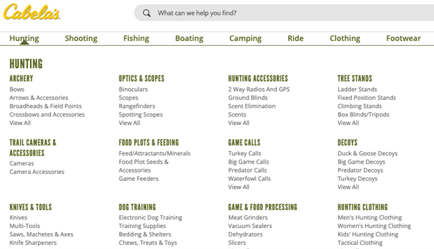 Cabela's ecommerce navigation example